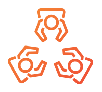 Consulting icon which shows three people gathered in a circle collaborating